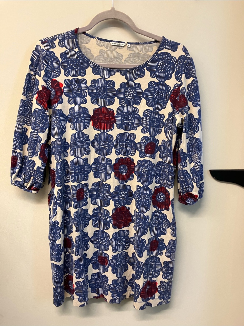 Marimekko White Dress with Blue & Red Floral Print